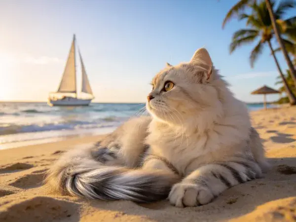 长毛虎斑猫沙滩休憩场景