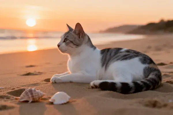 沙滩黄昏时灰白相间短毛家猫观察瞬间