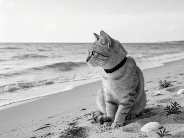 沙滩上观察海景的短毛家猫