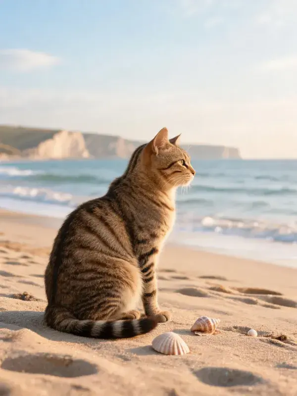 海滩沙地上的虎斑短毛猫