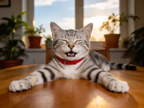短毛虎斑猫趴卧木质桌面场景