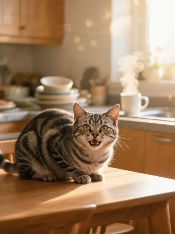 厨房内玳瑁斑纹美国短毛猫图景