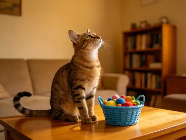 虎斑猫抬头注视客厅桌面