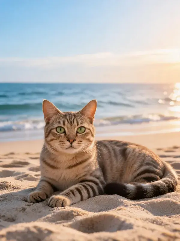 沙滩上金渐层短毛猫的休憩景象
