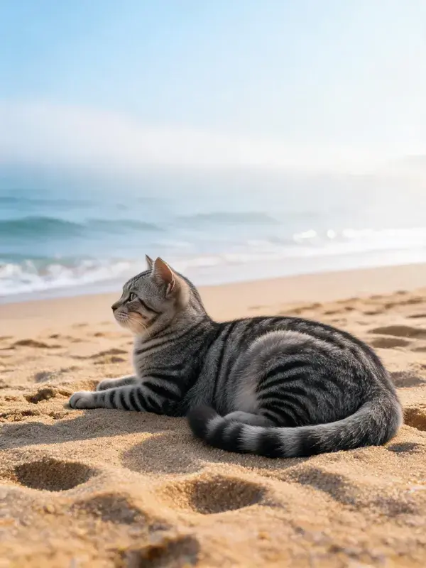 沙滩上短毛虎斑猫的静卧姿态