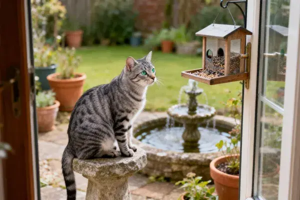 露天花园中短毛虎斑猫注视鸟食器场景