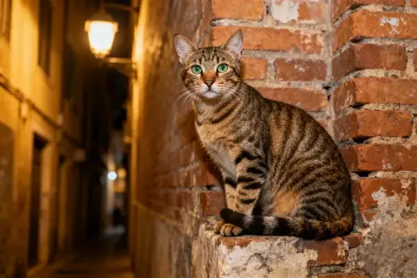 砖墙旁巷道中的短毛虎斑猫