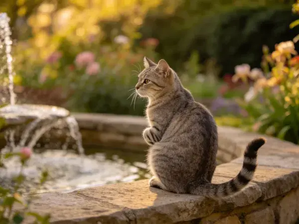 园林水池旁的灰虎斑短毛猫