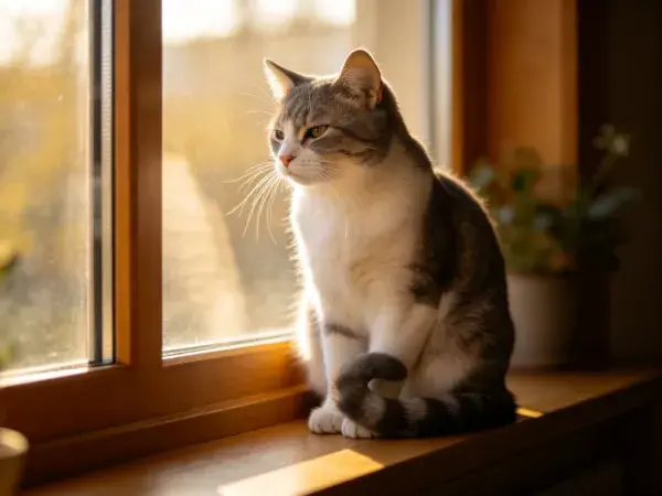 窗台上灰白短毛家猫观察景象