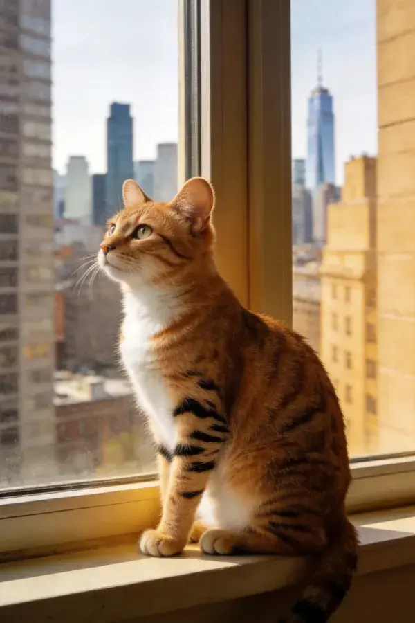 城市窗台上的橘色短毛猫