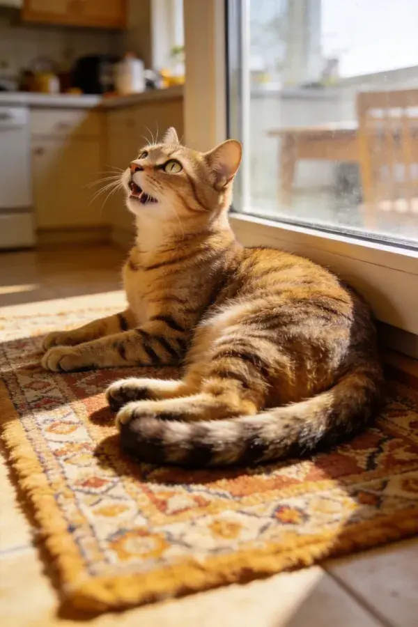 短毛虎斑猫靠窗晒太阳