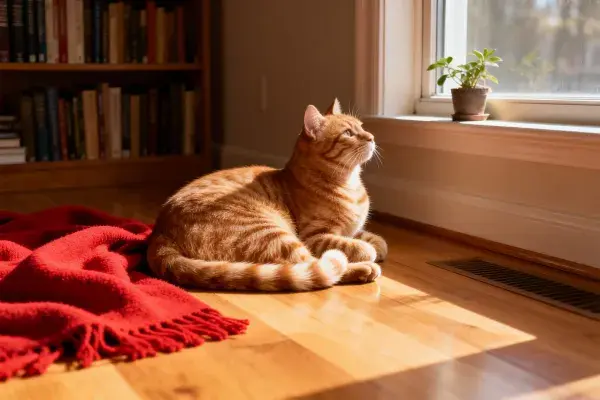窗边木质地板上的橘色虎斑短毛猫