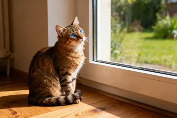 虎斑猫 凝望窗外 木窗台