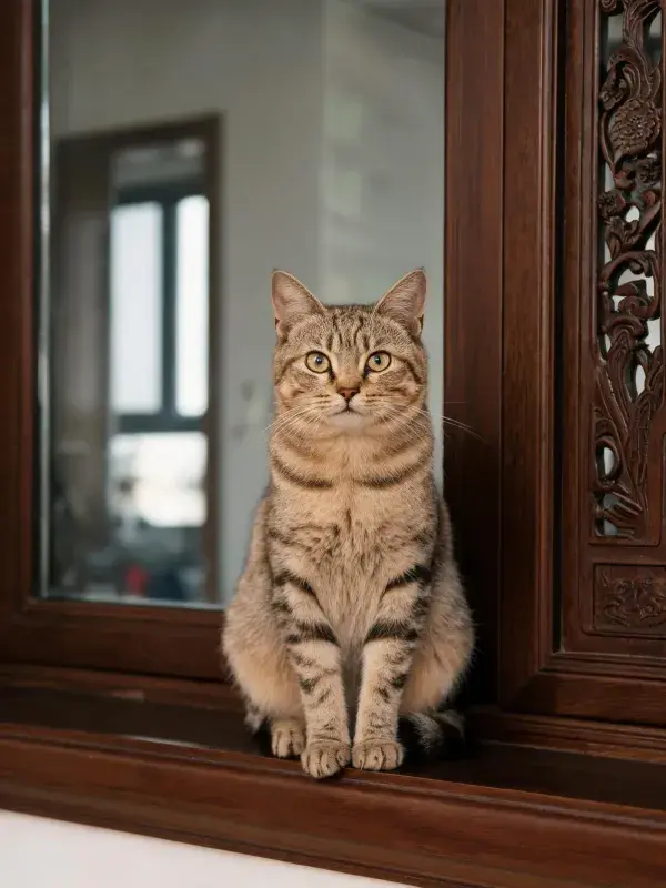 木质窗台上的短毛虎斑猫