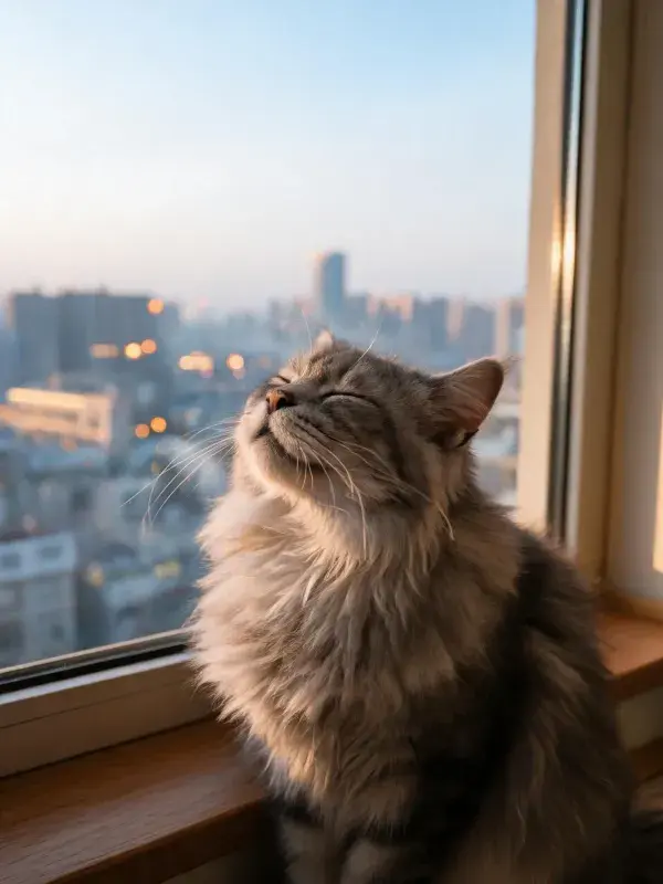 长毛家猫于窗边沐浴暖光的场景