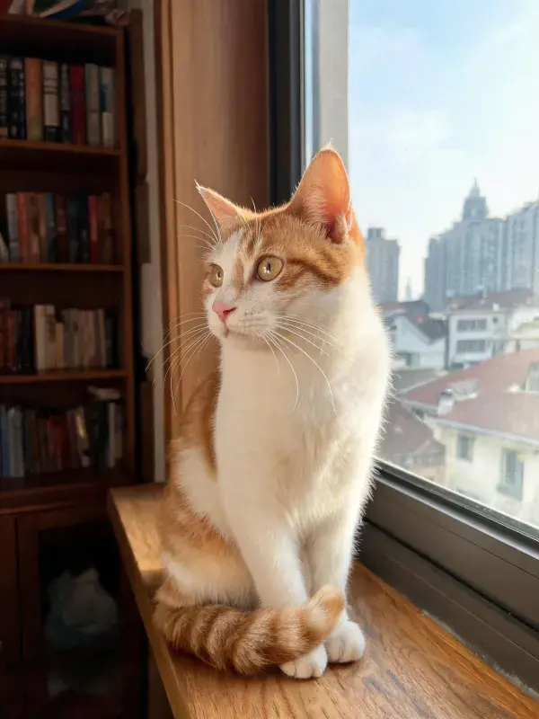橘白短毛家猫窗台栖息景象