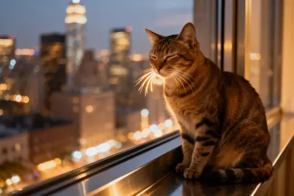 高楼窗边休憩的短毛虎斑猫