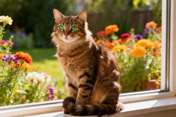 虎斑短毛猫静坐窗台凝望花园