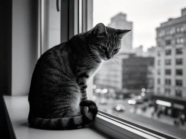 窗边短毛虎斑猫眺望城市景致