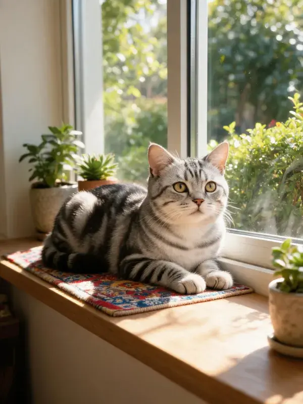 银色虎斑短毛猫在窗台的休憩状态