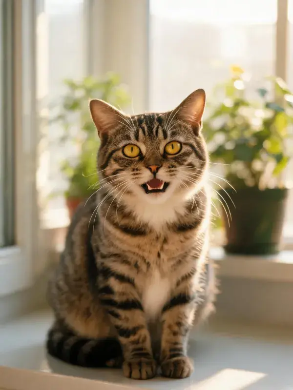 虎斑短毛猫张嘴凝视窗台瞬间