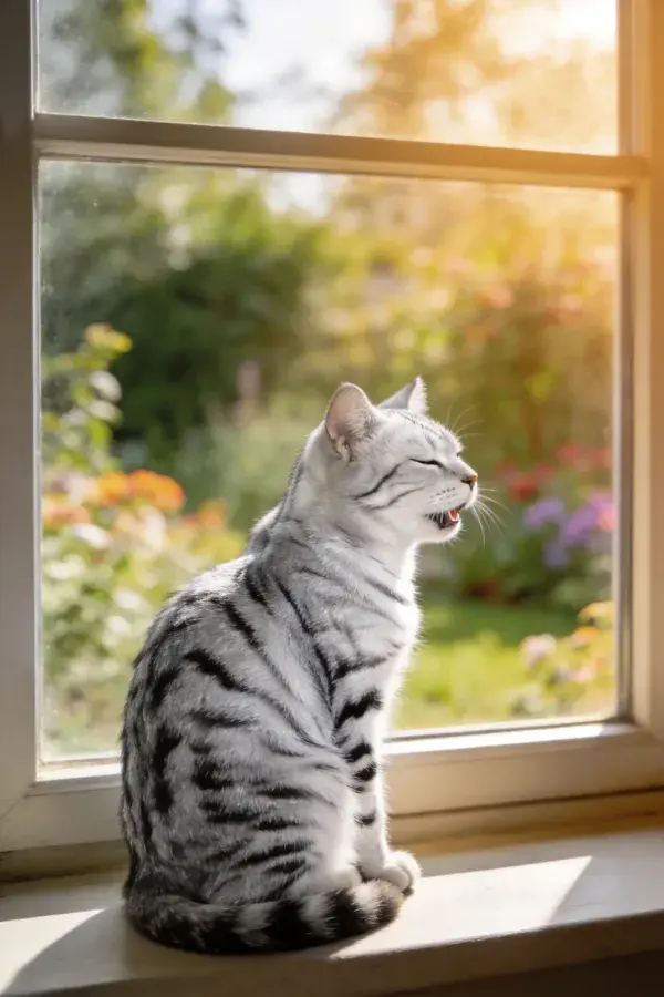 窗台上银虎斑猫眺望花园
