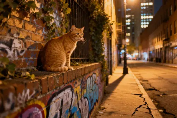 夜晚巷道砖墙上橙橘斑纹短毛家猫的观察姿态