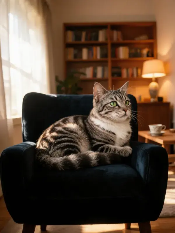 虎斑短毛猫在深蓝色扶手椅上的姿态