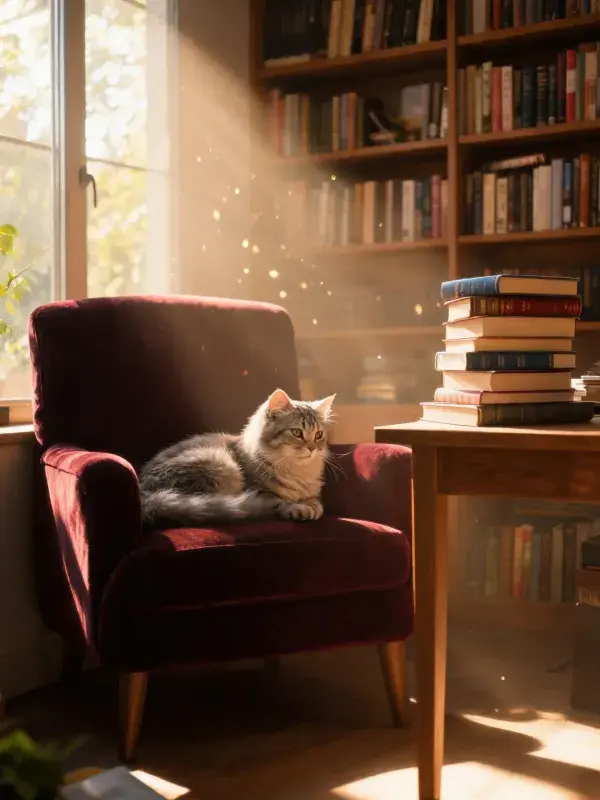 书房暖光下的长毛虎斑猫休憩图