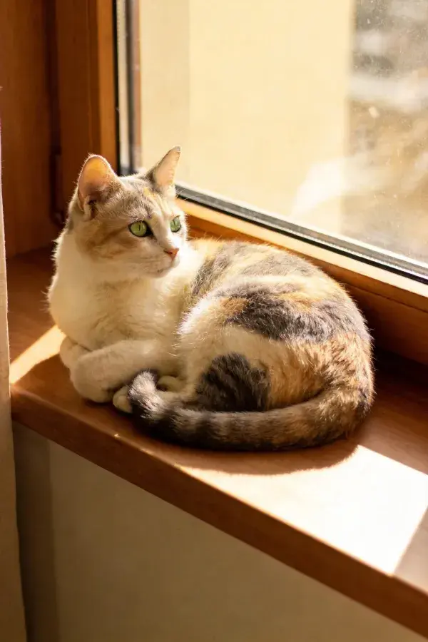 三色短毛家猫窗台特写