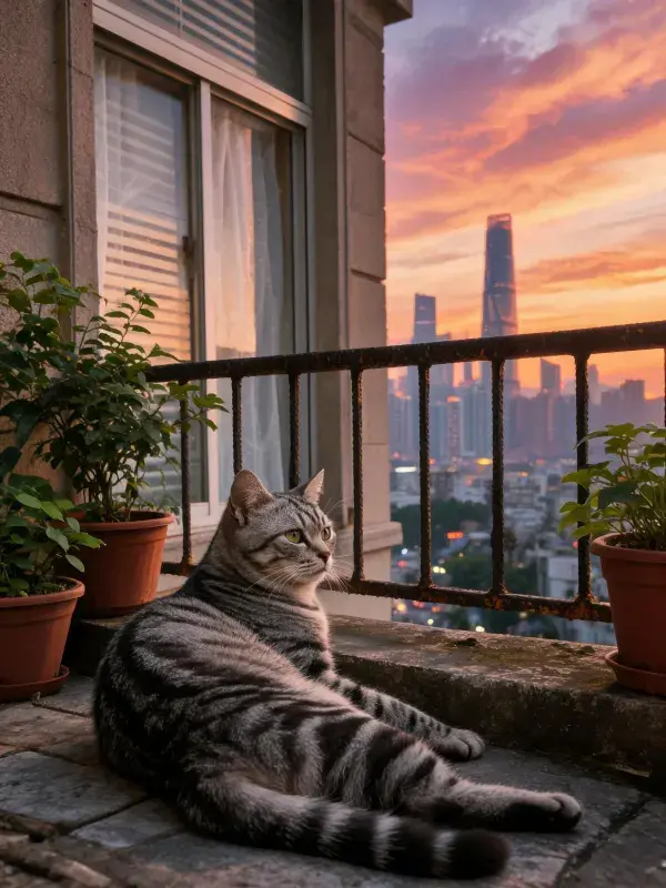 阳台黄昏时银虎斑短毛猫与城市天际线