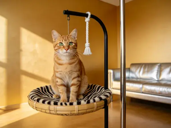 室内悬挂平台上橘色短毛猫特写