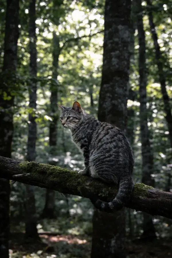 阴森森林中短毛虎斑猫栖息在青苔覆盖树枝上