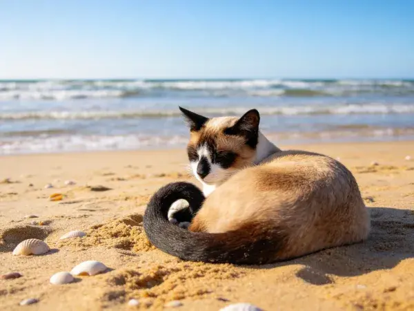 海滩沙地上的暹罗猫休憩场景