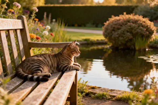 花园木椅旁的短毛虎斑猫