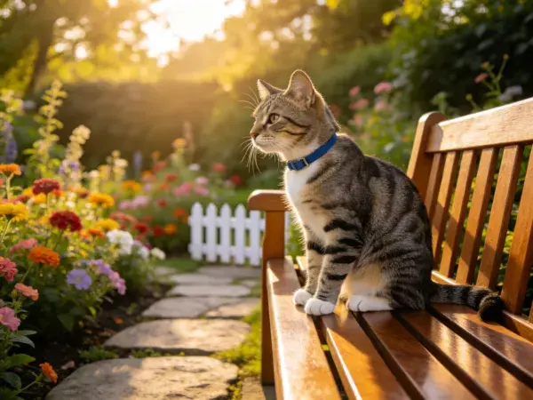 短毛虎斑猫静坐花园长椅