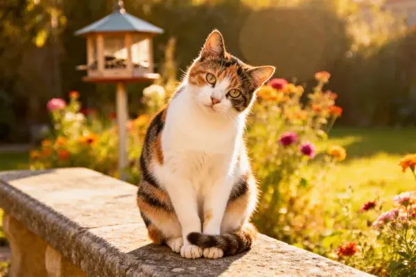 三色短毛家猫于石质平台上的花园姿态