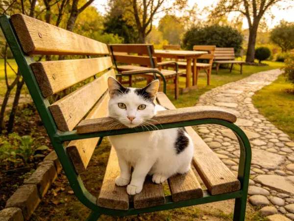露天园林中黑白花斑短毛家猫休憩场景