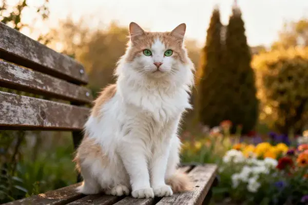 阳光花园中三色长毛猫与木质长椅场景