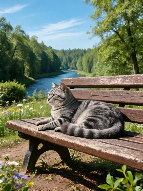 灰虎斑短毛猫在木质长椅上的休憩