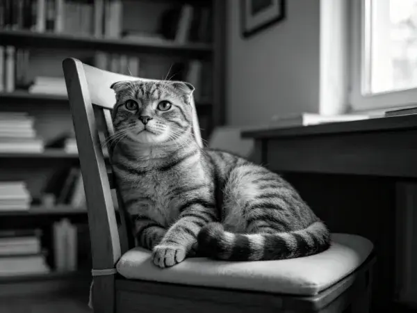 苏格兰折耳猫坐于书架旁木椅