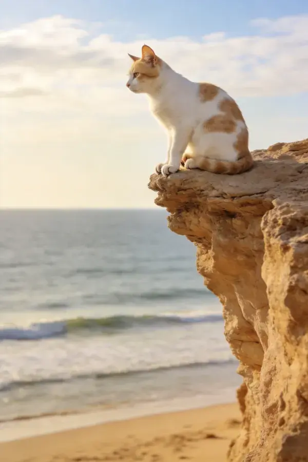 海岸悬崖上的橙白短毛家猫