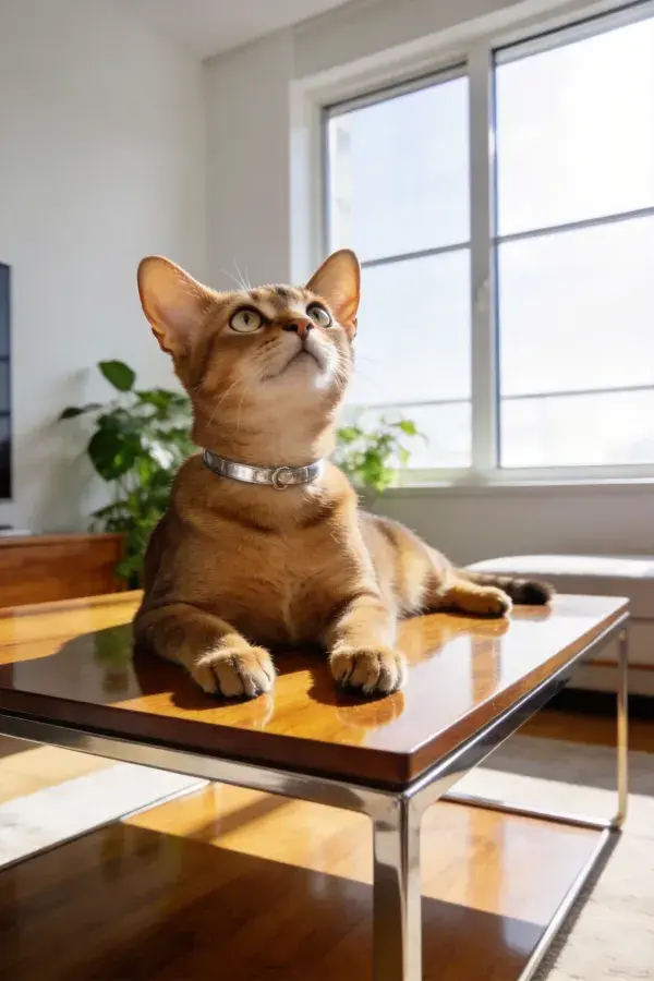 室内木质茶几上的阿比西尼亚猫