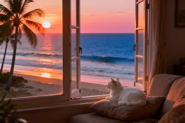 海滩日落窗边短毛家猫