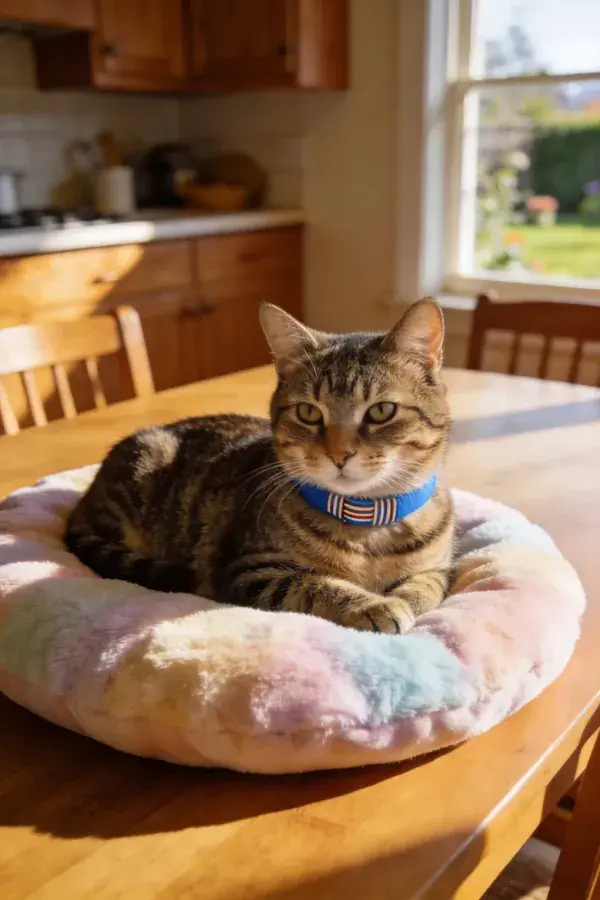 短毛虎斑猫静卧彩色软垫上