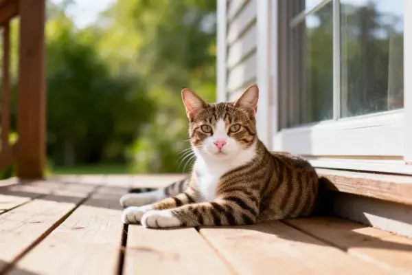 短毛虎斑猫在住宅木制门廊休憩