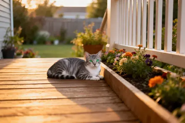 木质露台上的灰虎斑短毛猫与花园景致