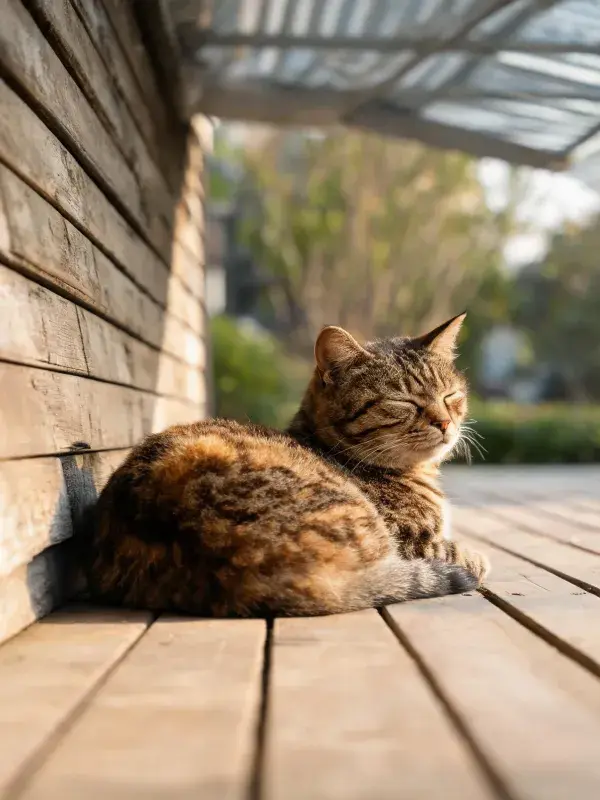 阳光下玳瑁斑纹猫靠木墙休憩的场景
