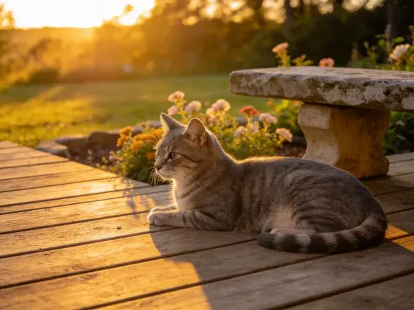 短毛虎斑猫在木质露台的休憩场景