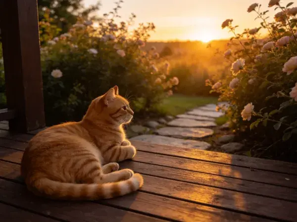 露天平台上橘色短毛家猫眺望花园场景